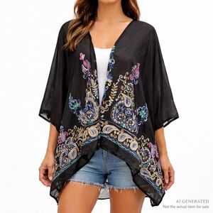 Black Embroidered Lightweight Kimono Poncho | One Size | Boho Layering